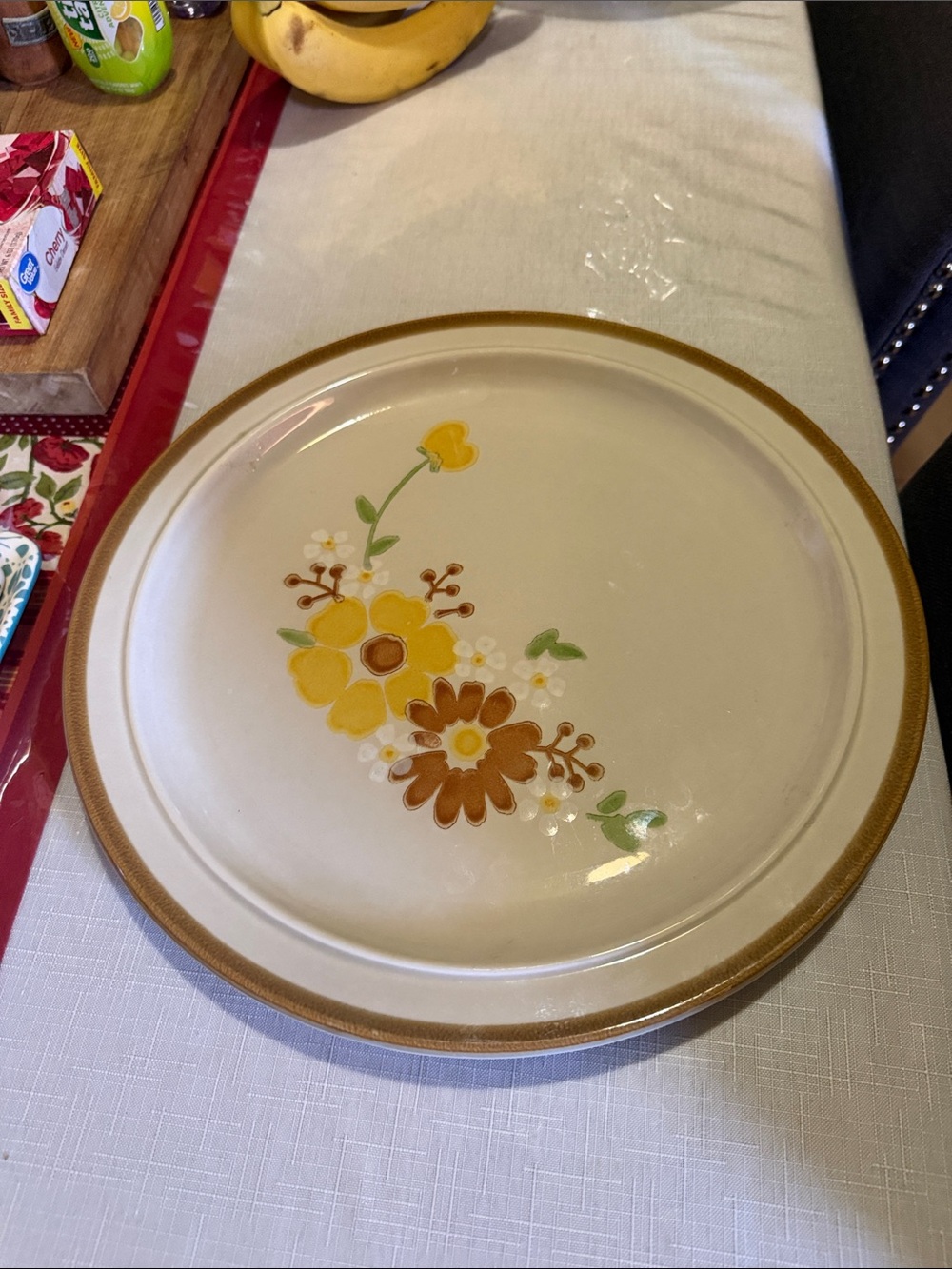 Vintage Floral Ceramic Serving Plate - Yellow and Brown